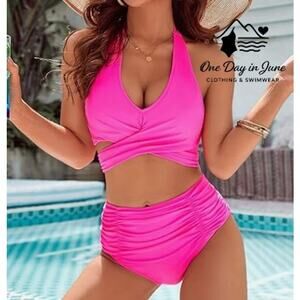 Blooming Jelly Halter Cross Front Wrap Ruched Bikini Swimsuit Size M